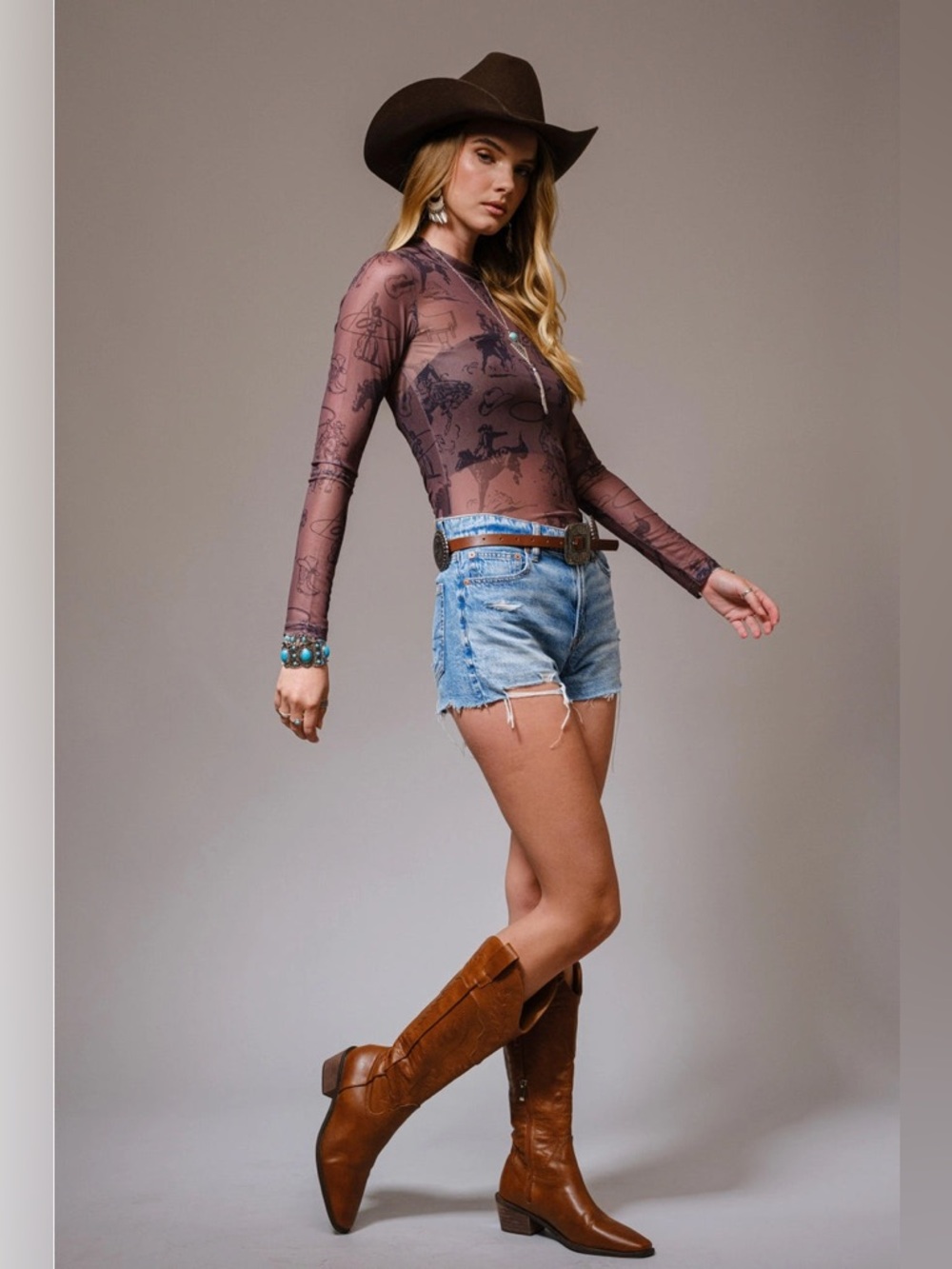 Western Cowgirl Print Mock Neck Long Sleeve Mesh Top - Blue B - Picture 5 of 8